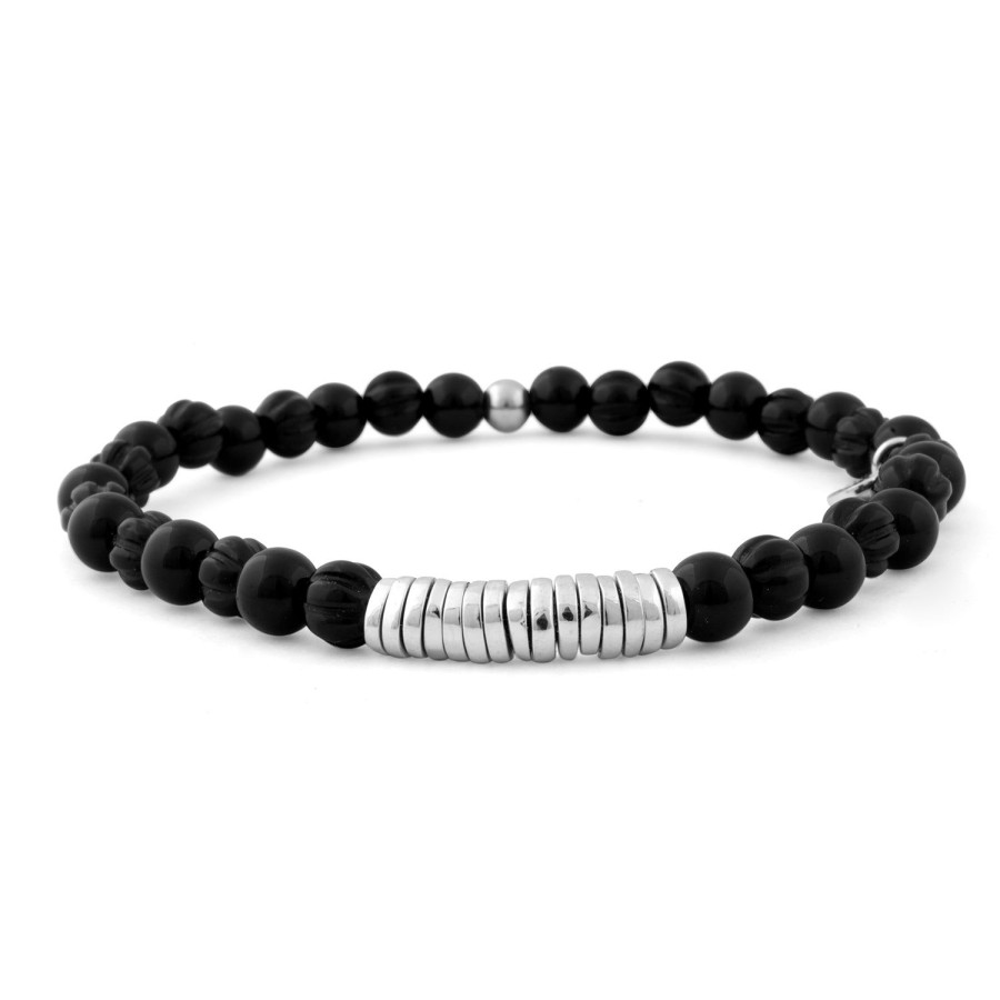 Tateossian Black Agate Bead Bracelet With Silver Discs | Bracelets