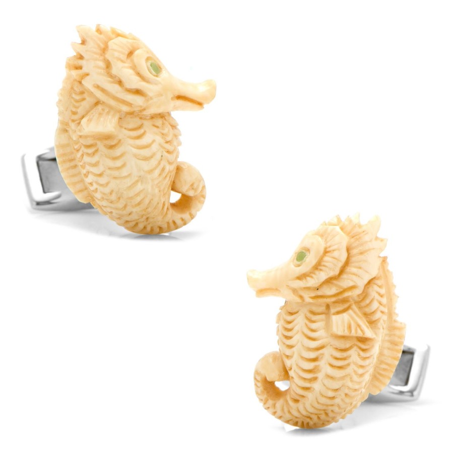 Spivey Woolly Mammoth Tusk Sea Horse With Emerald Eyes Cufflinks | Classic Cufflinks