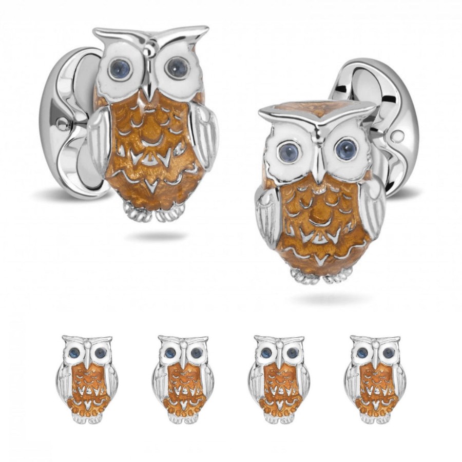 Deakin & Francis Sterling Silver Brown Owl Enamel Cufflinks And Stud Set | Classic Cufflinks