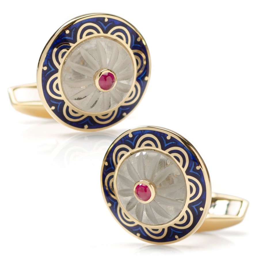 Deakin & Francis 18K Yellow Gold Round Cufflinks With Ruby Center | Classic Cufflinks