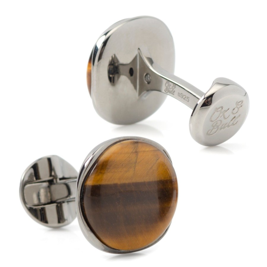 Ox and Bull Trading Co. Sterling Silver Formal Tigers Eye Gunmetal Cufflinks | Classic Cufflinks