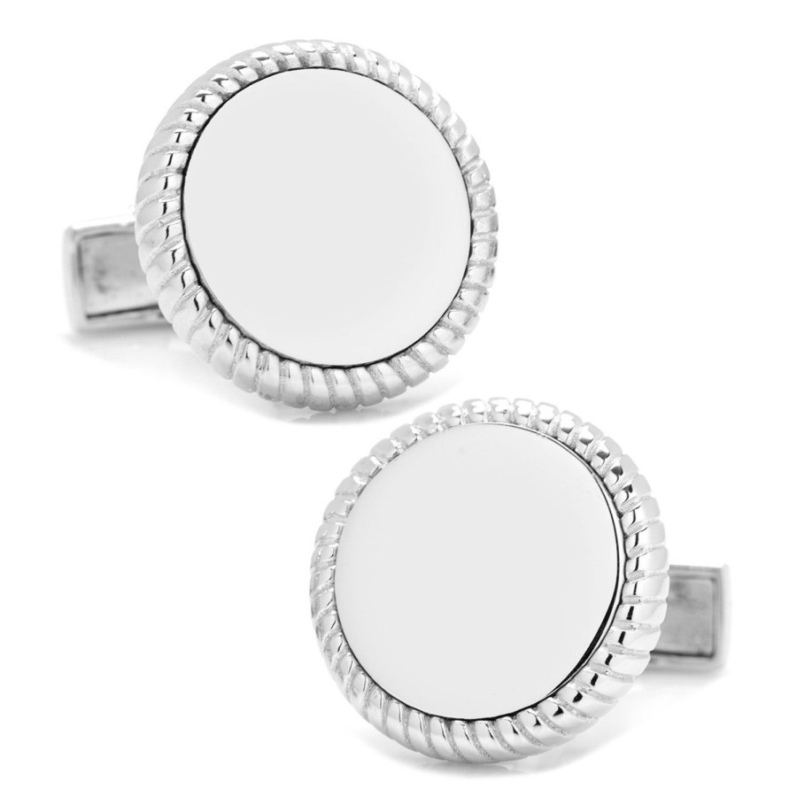 Ox and Bull Trading Co. Sterling Silver Rope Border Engravable Round Cufflinks | Classic Cufflinks