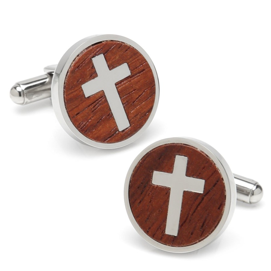 Ox and Bull Trading Co. Cross Round Wood Stainless Steel Cufflinks | Classic Cufflinks