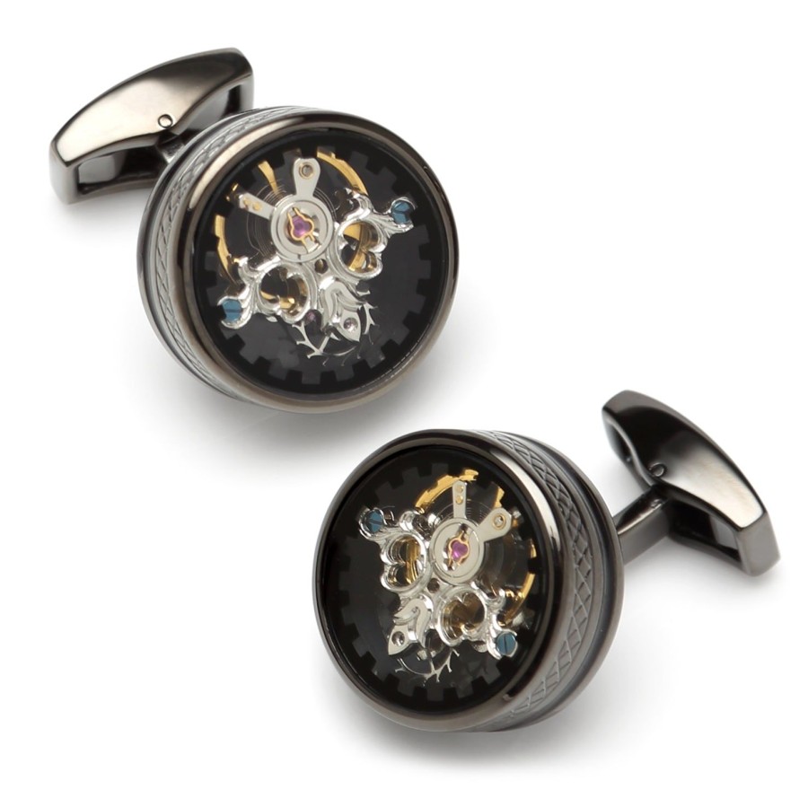 Tateossian Single Tourbillion Gear Cufflinks In Gunmetal/Black Enamel | Classic Cufflinks