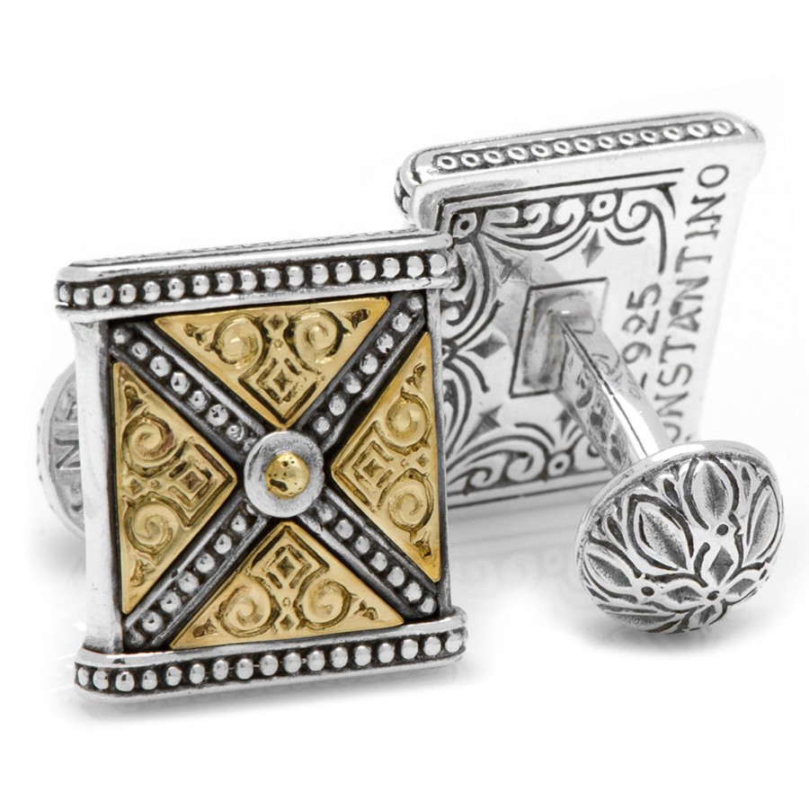 Konstantino Sterling Silver & Bronze Ornate X-Detail Square Cufflinks | Classic Cufflinks