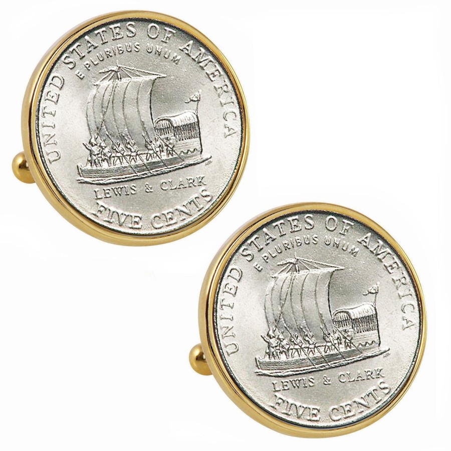 American Coin Treasures 2004 Keelboat Nickel Goldtone Bezel Coin Cufflinks | Classic Cufflinks