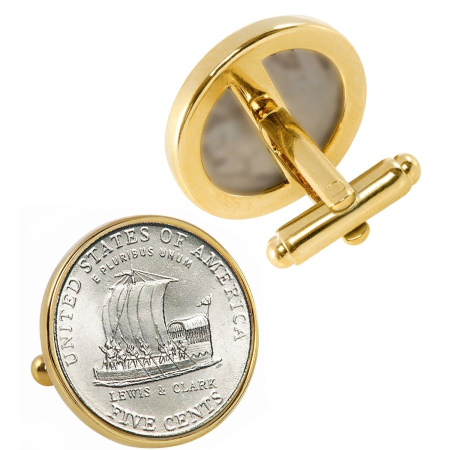 American Coin Treasures 2004 Keelboat Nickel Goldtone Bezel Coin Cufflinks | Classic Cufflinks