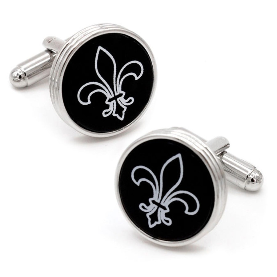 JJ Weston Fleur De Lis Engraved Onyx Silver Cufflinks | Classic Cufflinks