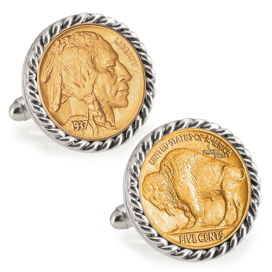 American Coin Treasures Gold-Layered Buffalo Nickel Silvertone Rope Bezel Coin Cuff Links | Classic Cufflinks