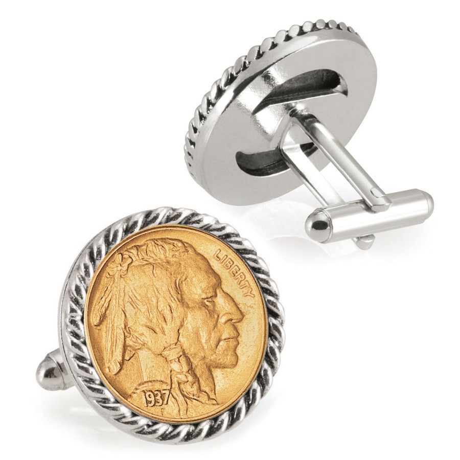 American Coin Treasures Gold-Layered Buffalo Nickel Silvertone Rope Bezel Coin Cuff Links | Classic Cufflinks