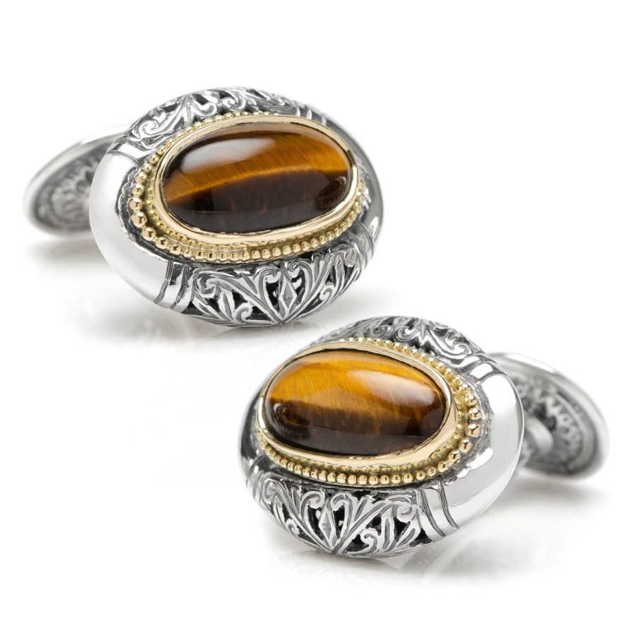 Konstantino Sterling Silver And 18K Gold Tiger Eye Oval Cufflinks | Classic Cufflinks