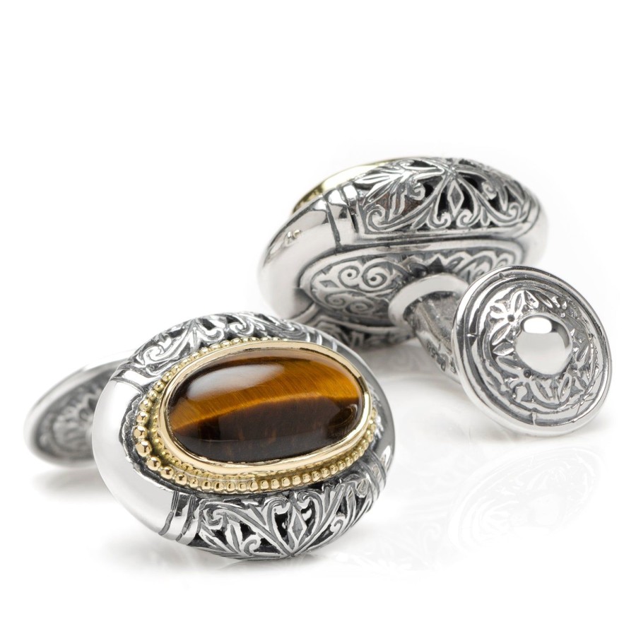 Konstantino Sterling Silver And 18K Gold Tiger Eye Oval Cufflinks | Classic Cufflinks