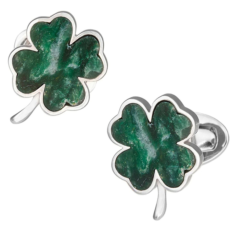 Jan Leslie Green Onyx Four Leaf Clover Sterling Silver Cufflinks | Classic Cufflinks