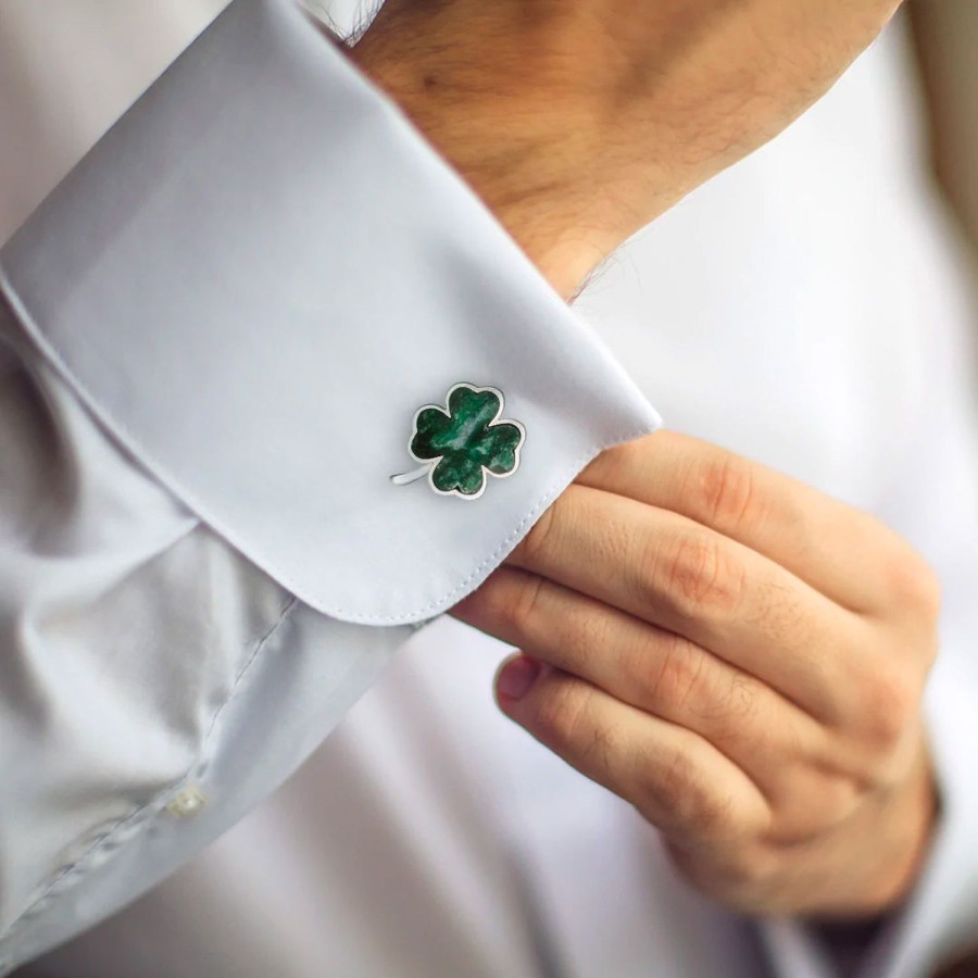 Jan Leslie Green Onyx Four Leaf Clover Sterling Silver Cufflinks | Classic Cufflinks