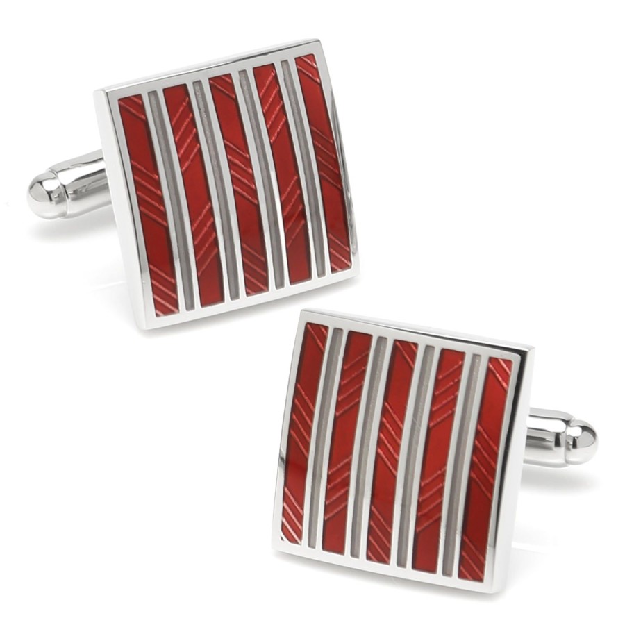 Ox and Bull Trading Co. Red And Gray Striped Square Cufflinks | Classic Cufflinks