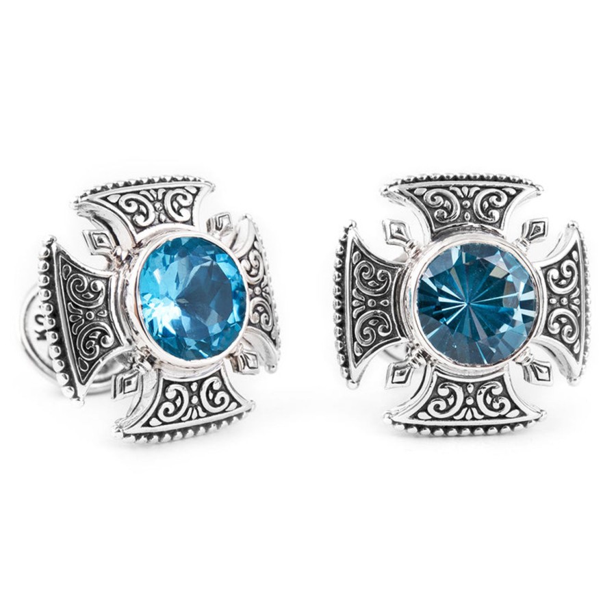 Konstantino Sterling Maltese Cross Round Cut Blue Topaz Cufflinks | Classic Cufflinks