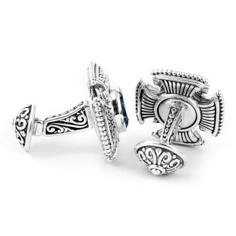 Konstantino Sterling Maltese Cross Round Cut Blue Topaz Cufflinks | Classic Cufflinks