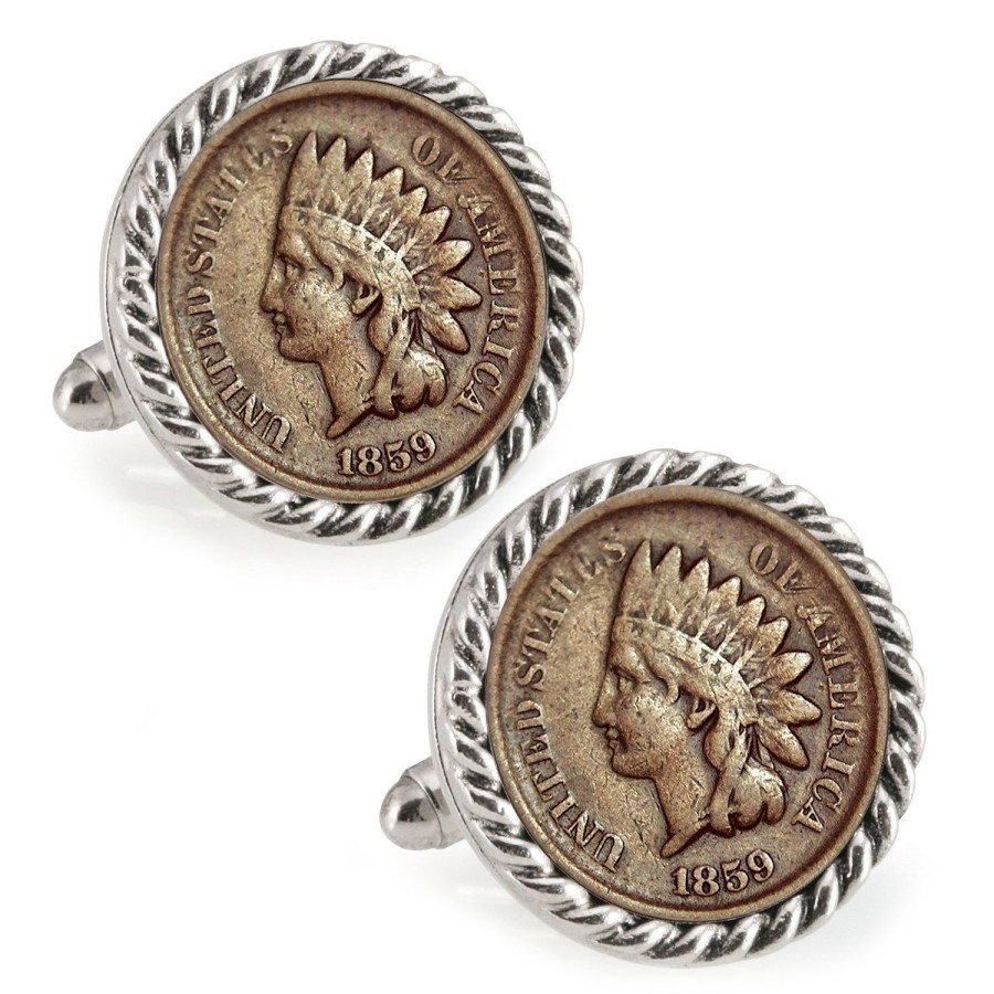 American Coin Treasures 1859 First-Year-Of-Issue Indian Head Penny Silvertone Rope Bezel Coin Cuff Links | Classic Cufflinks