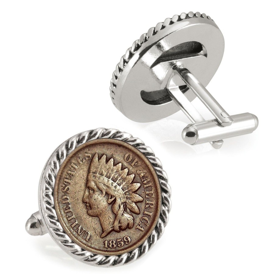 American Coin Treasures 1859 First-Year-Of-Issue Indian Head Penny Silvertone Rope Bezel Coin Cuff Links | Classic Cufflinks