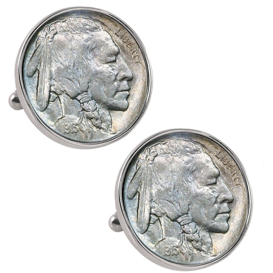 American Coin Treasures 1913 First-Year-Of-Issue Buffalo Nickel Silvertone Bezel Coin Cufflinks | Classic Cufflinks