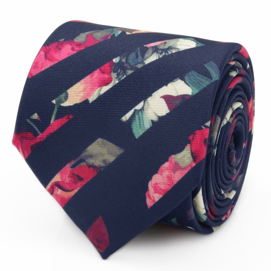 Ox and Bull Trading Co. Painted Floral Navy Stripe Silk Men'S Tie | Classic Ties