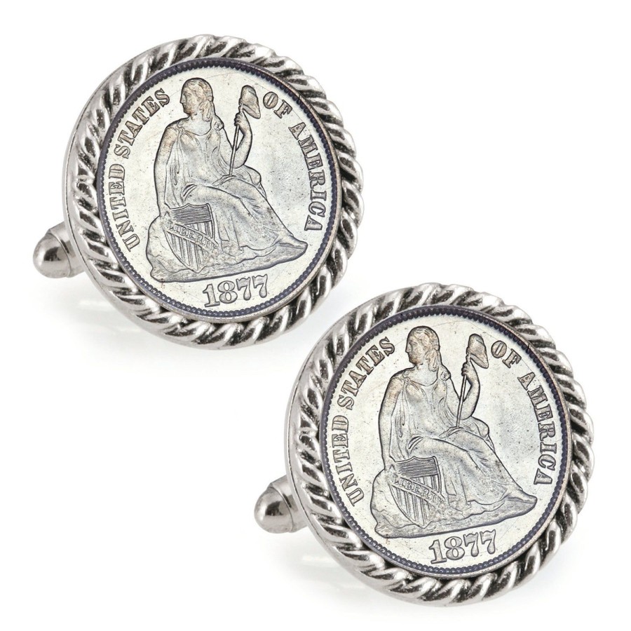 American Coin Treasures Seated Liberty Silver Dime Silvertone Rope Bezel Coin Cuff Links | Classic Cufflinks