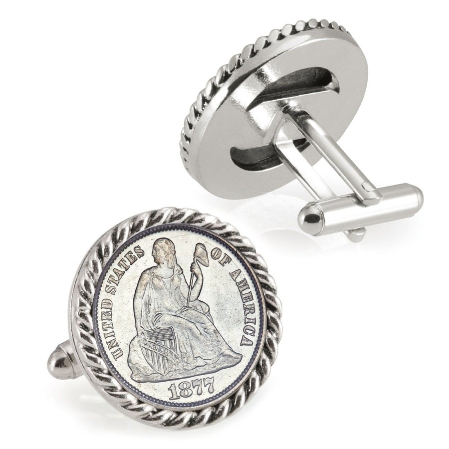 American Coin Treasures Seated Liberty Silver Dime Silvertone Rope Bezel Coin Cuff Links | Classic Cufflinks