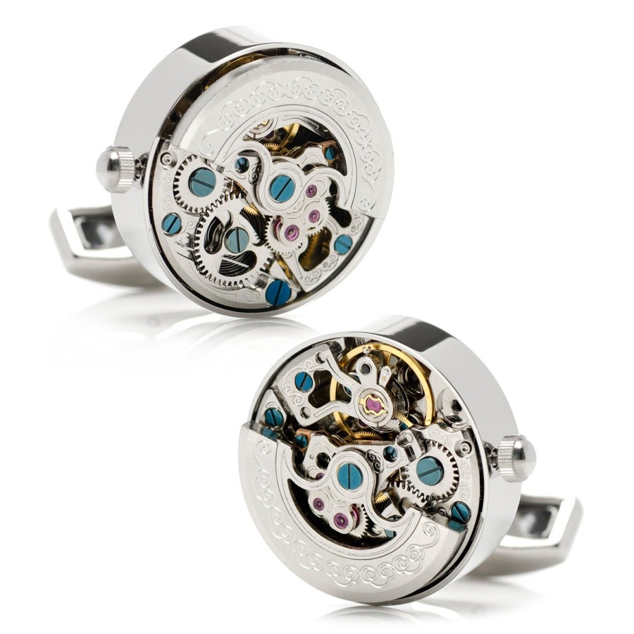 Ox and Bull Trading Co. Silver Stainless Steel Kinetic Watch Movement Cufflinks | Classic Cufflinks