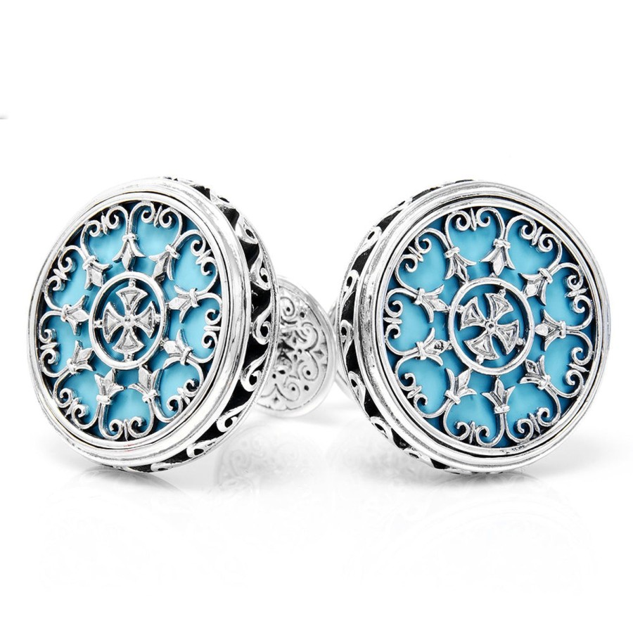 Konstantino Sterling Round Scroll With Turquoise Stone Cufflinks | Classic Cufflinks