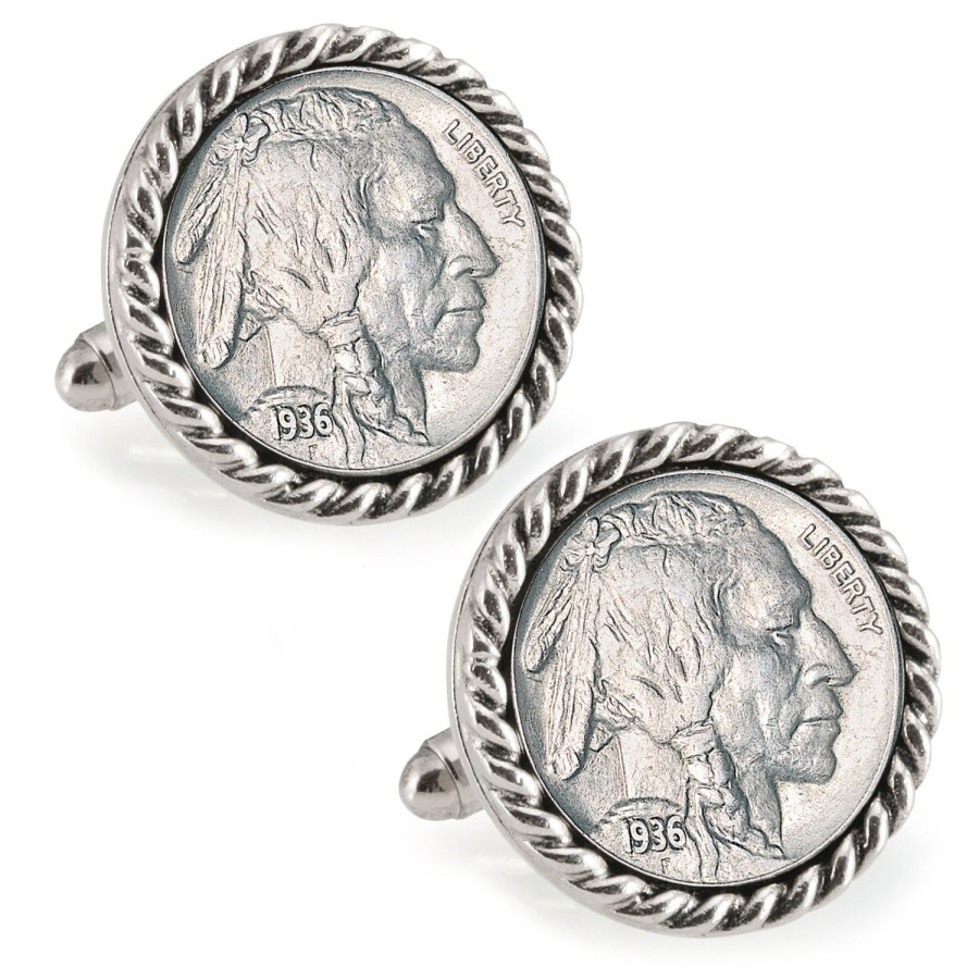 American Coin Treasures Buffalo Nickel Silvertone Rope Bezel Coin Cuff Links | Classic Cufflinks