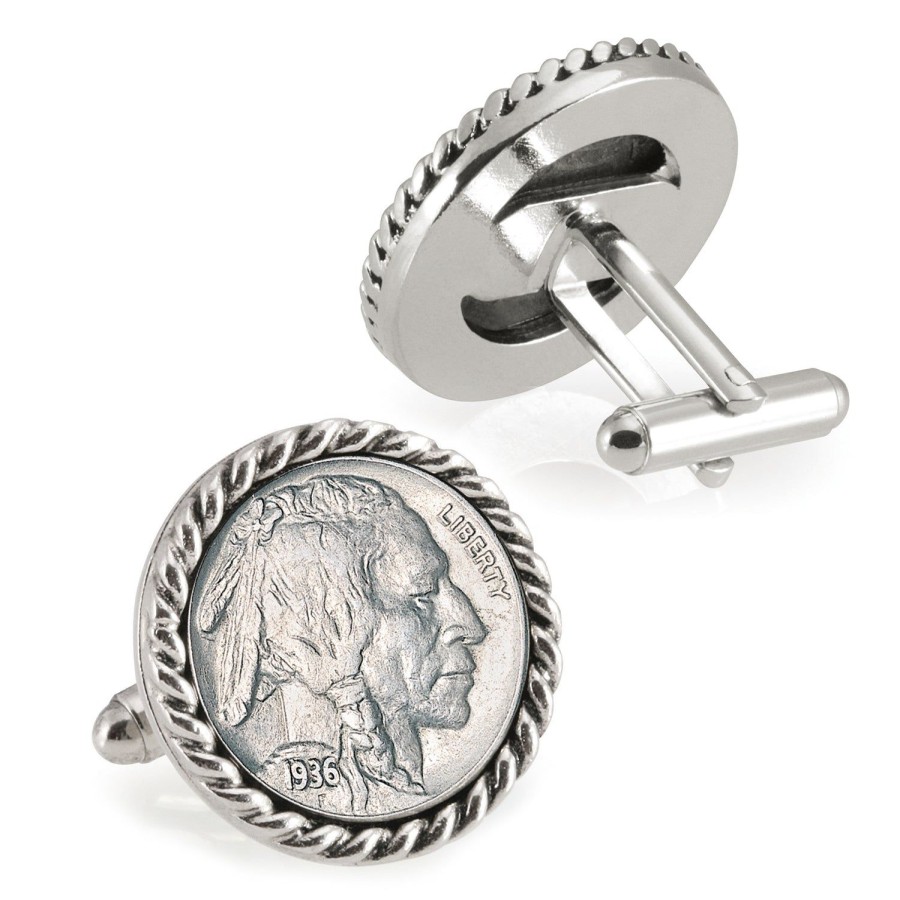 American Coin Treasures Buffalo Nickel Silvertone Rope Bezel Coin Cuff Links | Classic Cufflinks