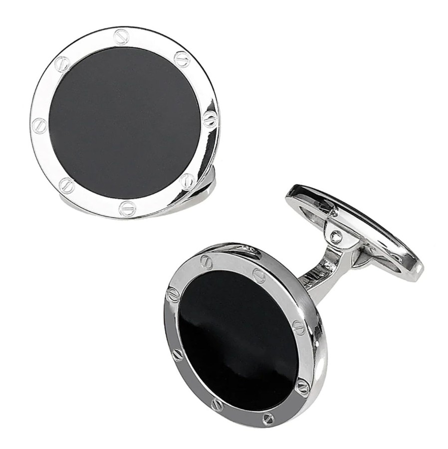 Jan Leslie Onyx Rivet Etch Detail Sterling Silver Cufflinks | Classic Cufflinks