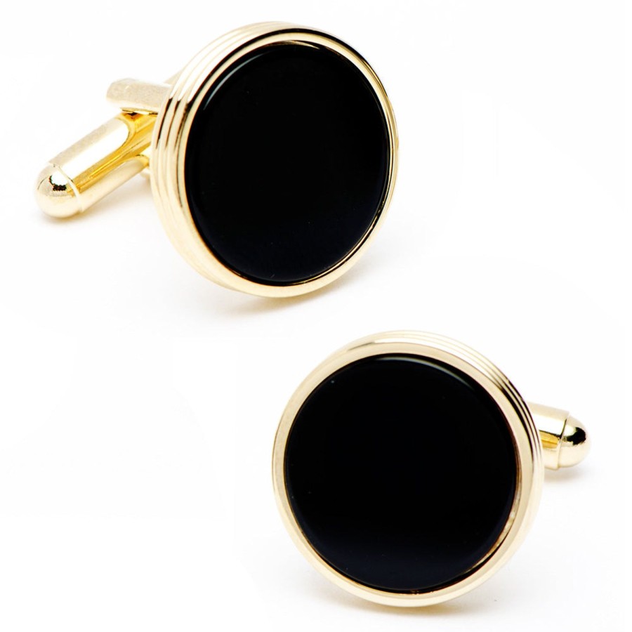 JJ Weston Gold And Onyx Ribbed Cufflinks | Classic Cufflinks