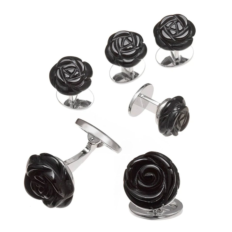 Jan Leslie Sterling Silver Carved Rose Black Onyx Stud Set | Stud Sets