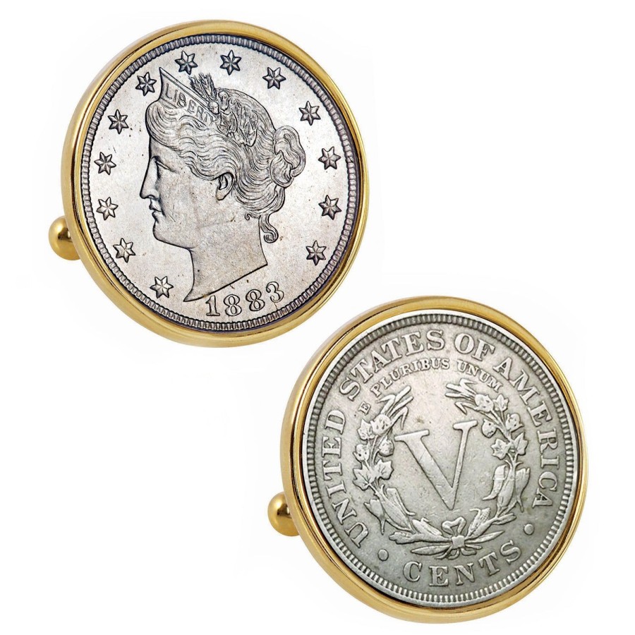 American Coin Treasures 1883 First-Year-Of-Issue Liberty Nickel Goldtone Bezel Coin Cufflinks | Classic Cufflinks