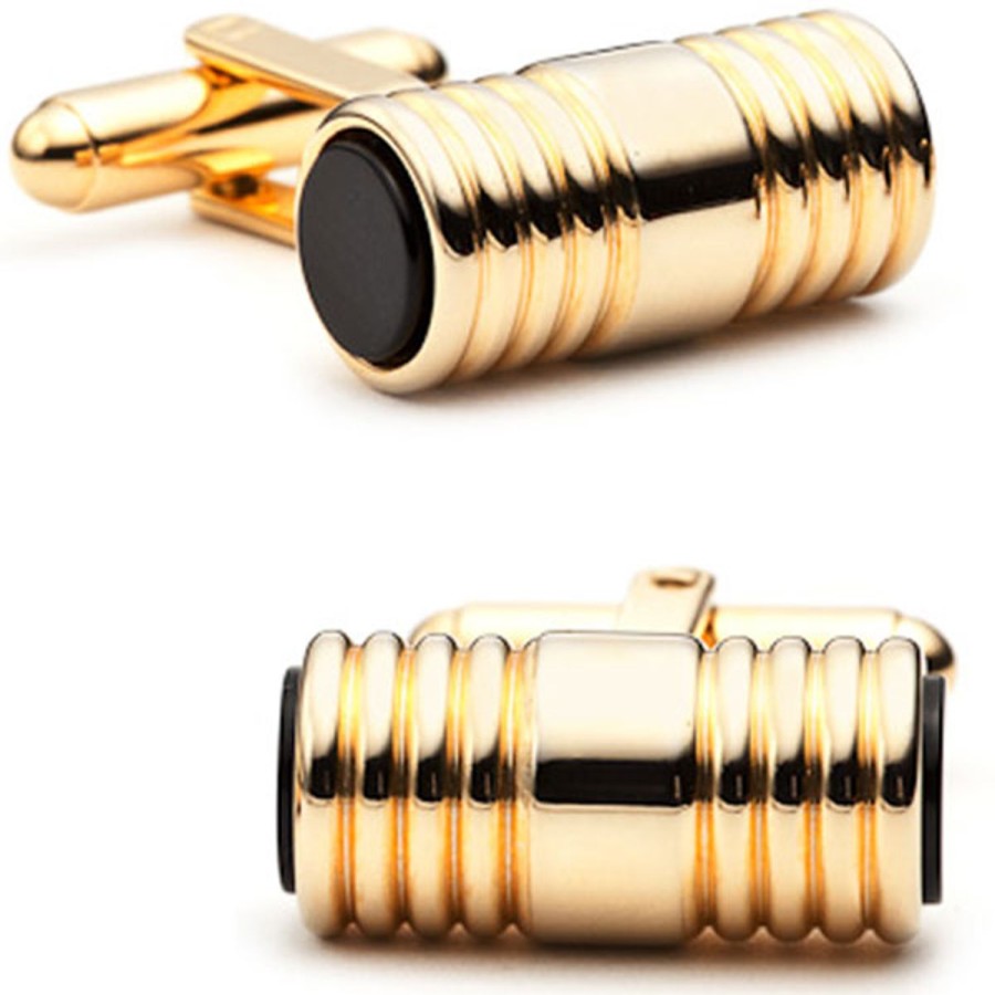 JJ Weston Gold And Onyx Ribbed Tube Cufflinks | Classic Cufflinks