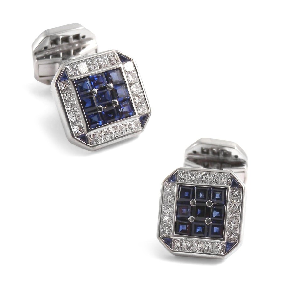 Deakin & Francis 18K White Gold Square Cufflinks With Diamonds & Sapphires | Classic Cufflinks