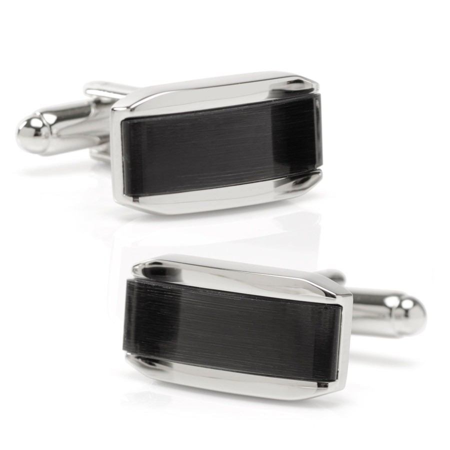 Ox and Bull Trading Co. Silver Rectangular Cufflink With Dark Gray Cats Eye | Classic Cufflinks