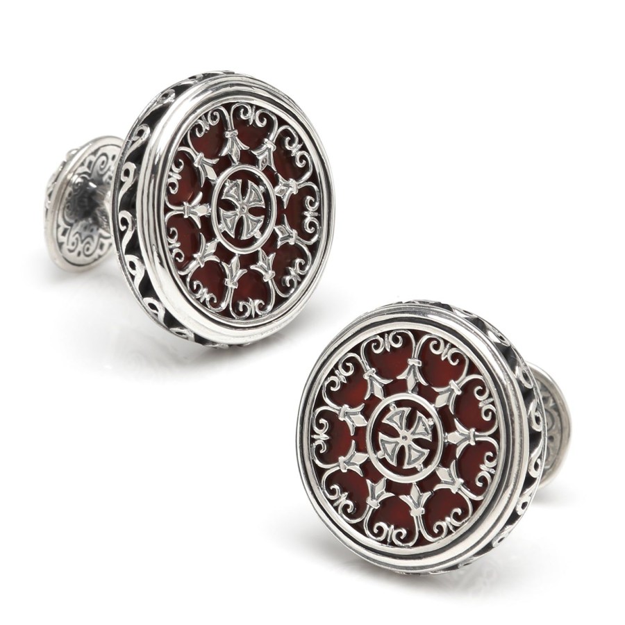 Konstantino Sterling Round Scroll With Carnelian Stone Cufflinks | Classic Cufflinks