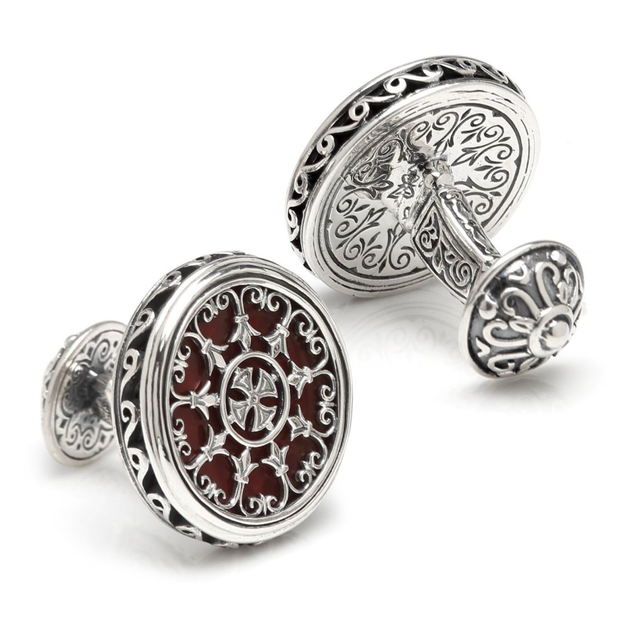 Konstantino Sterling Round Scroll With Carnelian Stone Cufflinks | Classic Cufflinks