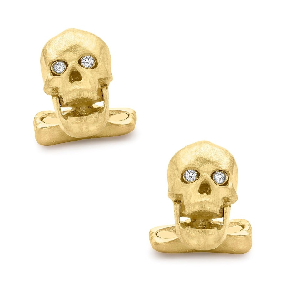 Deakin & Francis 18K Yellow Gold Skull Cufflinks With Popping Diamond Eyes | Classic Cufflinks