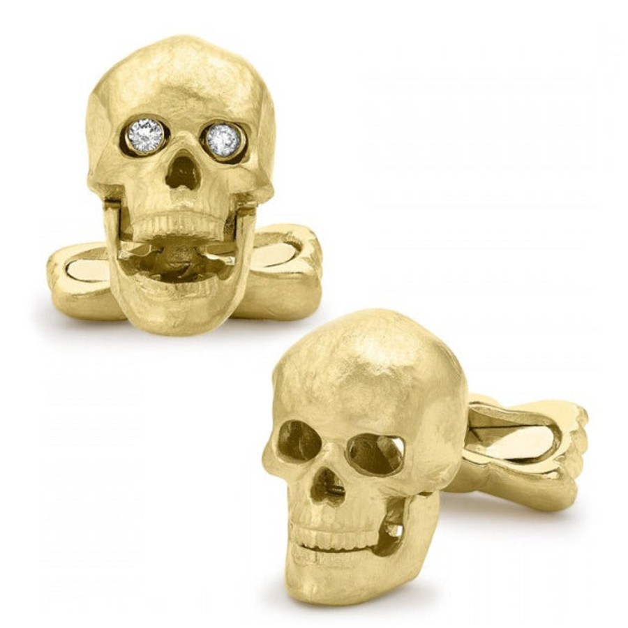 Deakin & Francis 18K Yellow Gold Skull Cufflinks With Popping Diamond Eyes | Classic Cufflinks