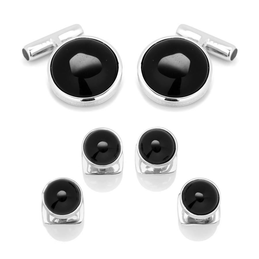 Ox and Bull Trading Co. Sterling Silver Ribbed Onyx Cufflinks And Stud Set | Stud Sets