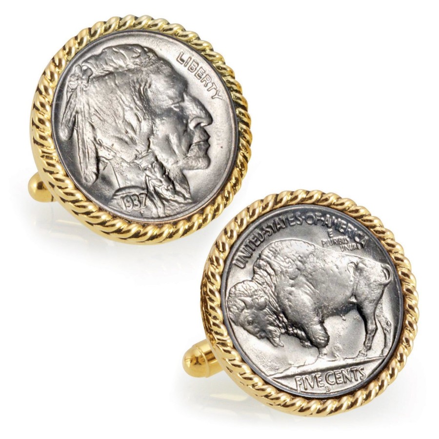 American Coin Treasures Buffalo Nickel Goldtone Rope Bezel Coin Cuff Links | Classic Cufflinks