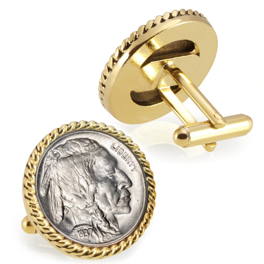 American Coin Treasures Buffalo Nickel Goldtone Rope Bezel Coin Cuff Links | Classic Cufflinks