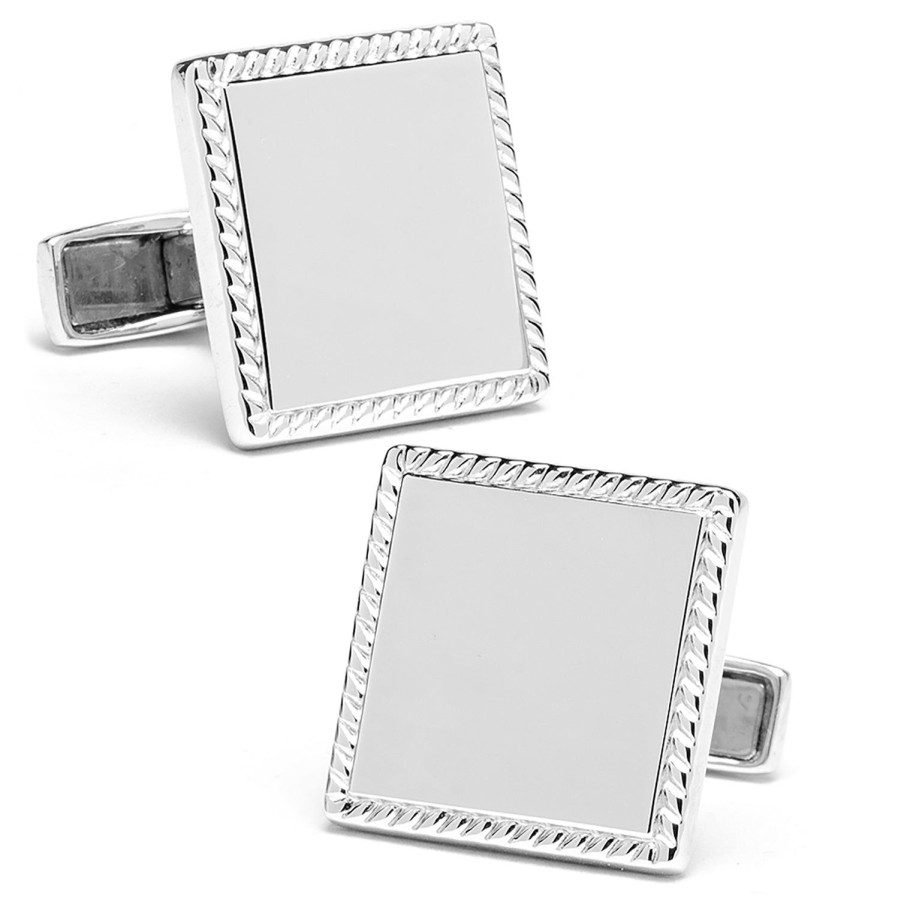 Ox and Bull Trading Co. Sterling Silver Rope Border Square Engravable Cufflinks | Classic Cufflinks