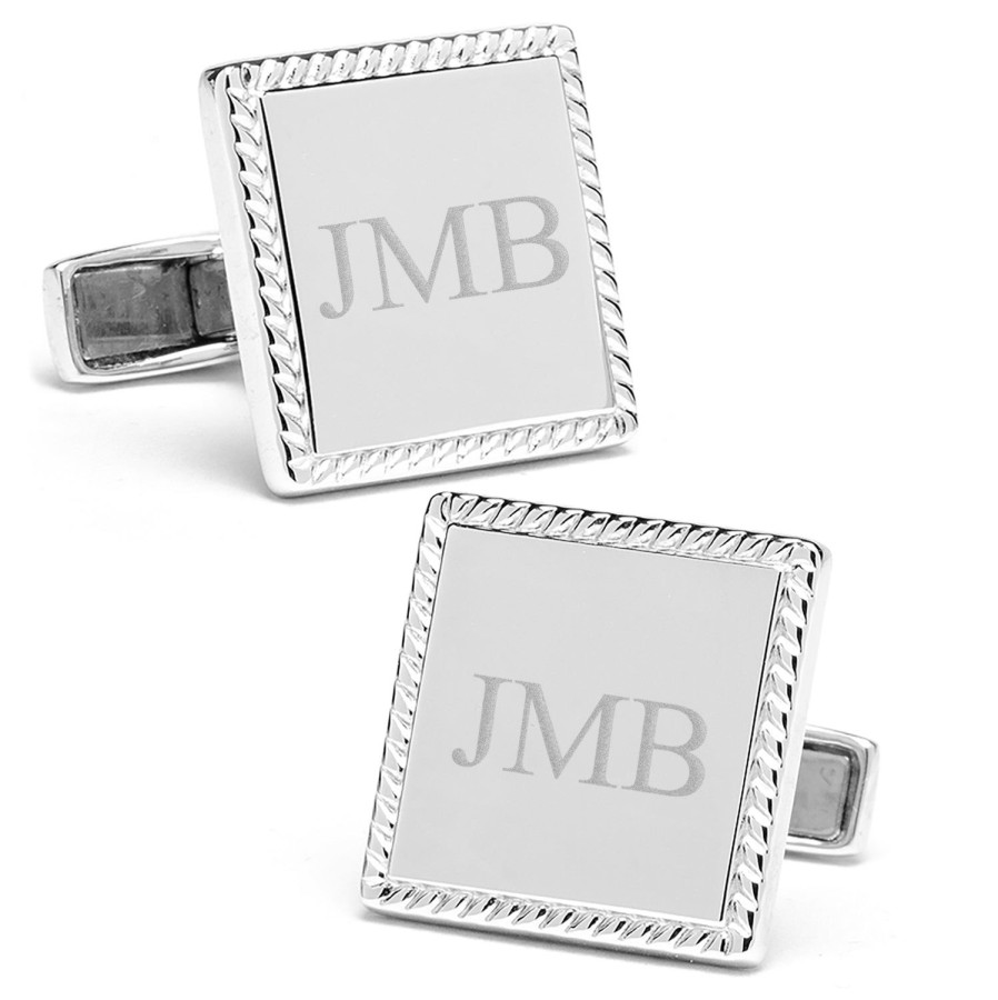 Ox and Bull Trading Co. Sterling Silver Rope Border Square Engravable Cufflinks | Classic Cufflinks