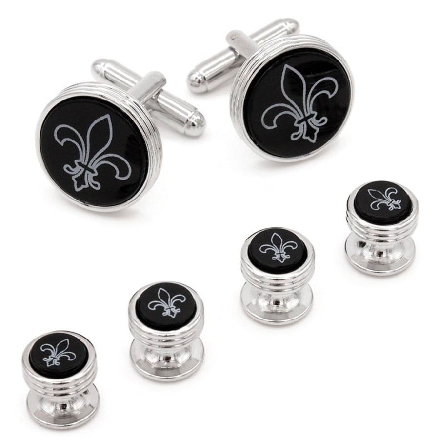 JJ Weston Fleur De Lis Engraved Onyx Silver Stud Set | Stud Sets