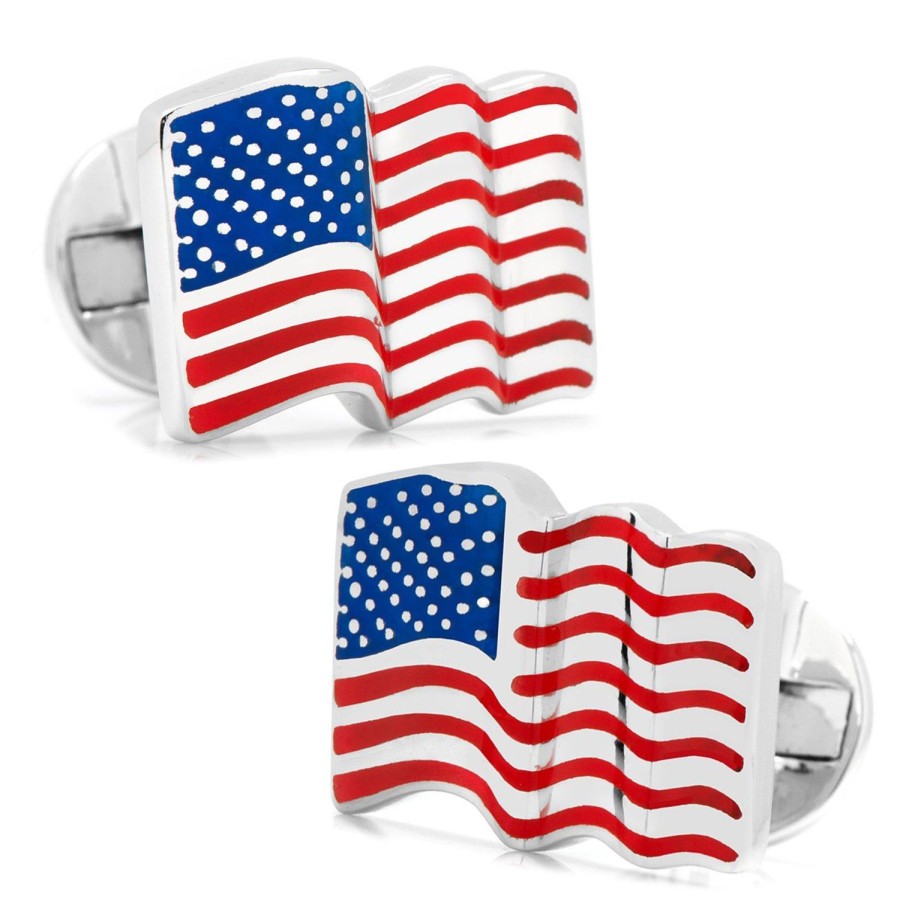 Ox and Bull Trading Co. Sterling Silver Waving American Flag Cufflinks | Classic Cufflinks