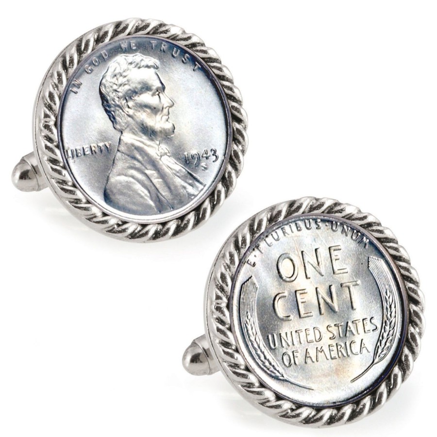 American Coin Treasures 1943 Lincoln Steel Penny Silvertone Rope Bezel Coin Cuff Links | Classic Cufflinks